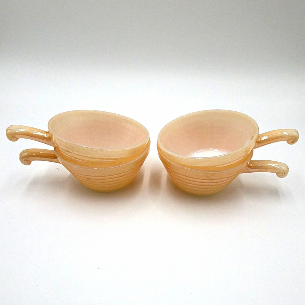 Set of 4 VTG Fire King Oven Ware Peach Luster Beehive Soup Bowls with Handles